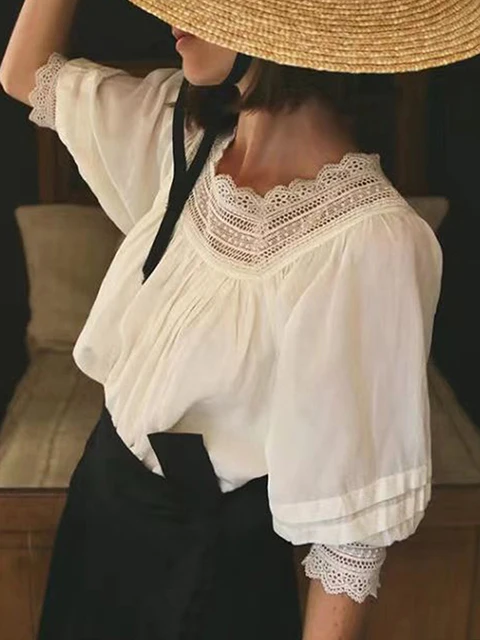 

Elegant French Style Lace Trim Blouse Women's Shirt Square Collar mid Sleeve Age Defying Cotton Blend Spring Summer Top