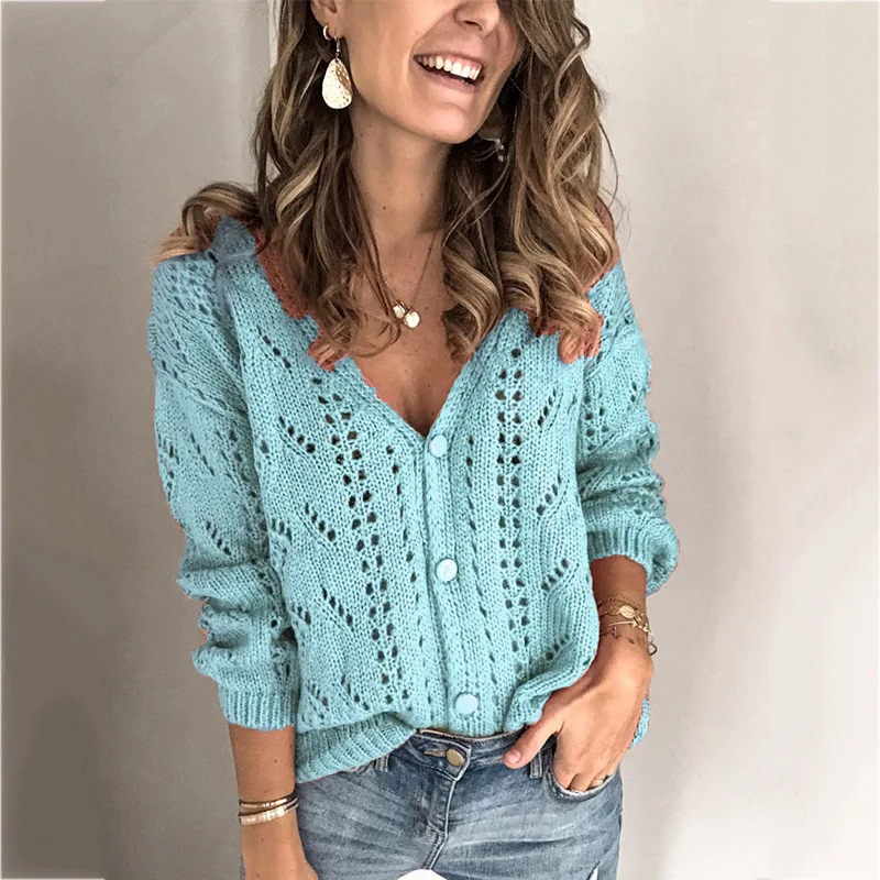 

Single Breasted Woman V-Neck Cardigan Solid Hollow Out Blue Color Elegant Knitted Sweaters Female Casual Outwear Autumn