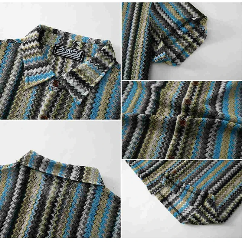 Summer Trend Men's Ethnic Striped Polyester Shirt Casual Loose Breathable Button Up Shirt Boho Style Lapel Short Sleeve Shirt