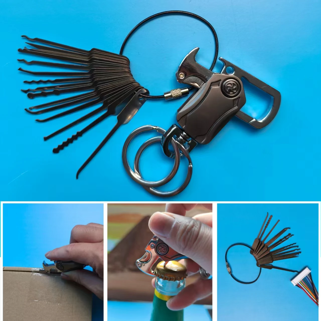 

1 outdoor multifunctional keychain with functions such as bottle opener/tape opener, equipped with 15 outdoor handheld tools
