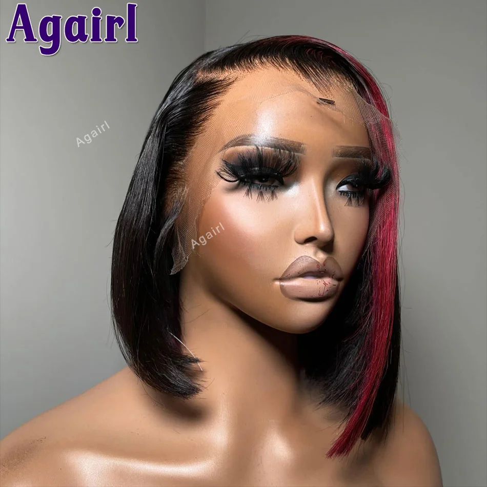 Wig Bob pendek merah sorot rambut manusia dengan kepadatan 180% penuh 13X4 renda Frontal Wig pendek Bob lurus renda depan Wig untuk WANITA HITAM