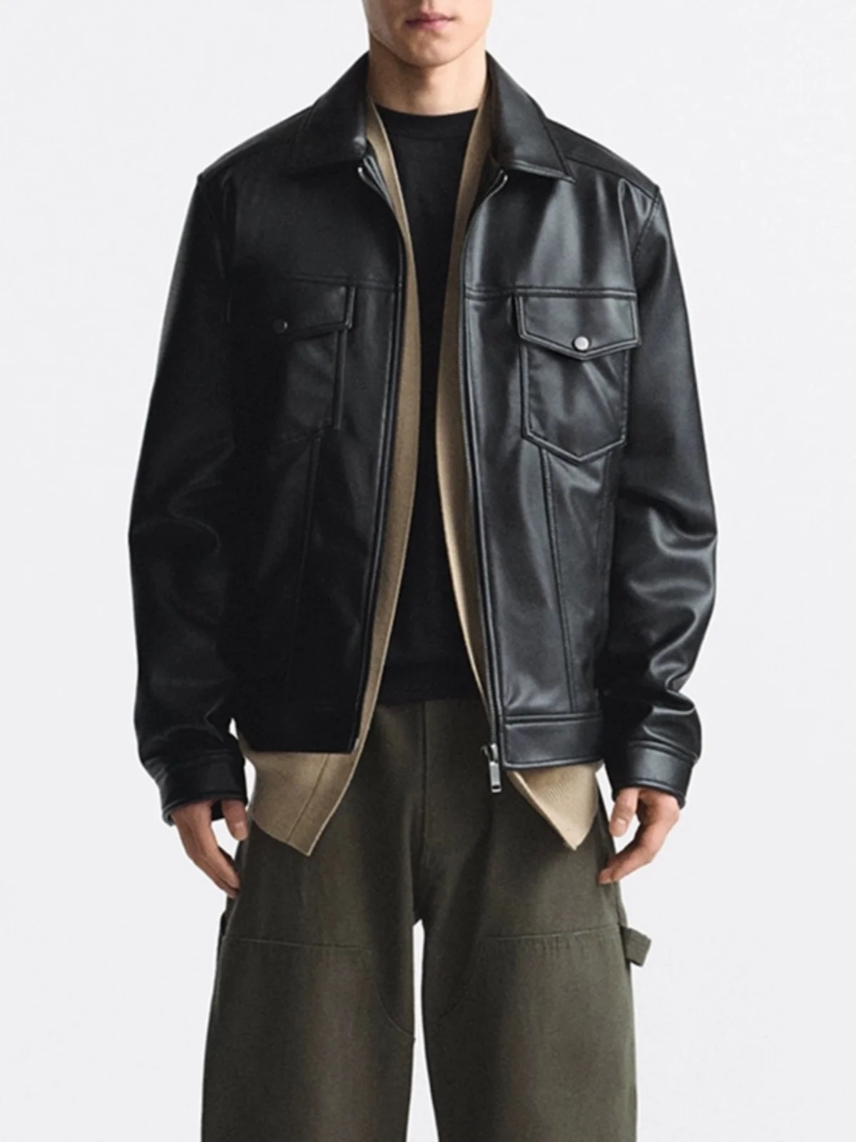 

Loose Fit Men's Leather Jaet Casual Faion Urban Sle Zipper Closure Multi-ket Design Straight Hemline Pure Color