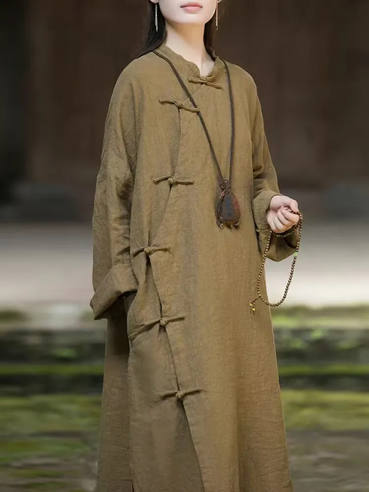 

Осеннее женское хлопково-льняное платье в китайском стиле, халаты на пуговицах с длинными рукавами, 2025 г., винтажное новое однотонное повседневное платье трапециевидной формы N948