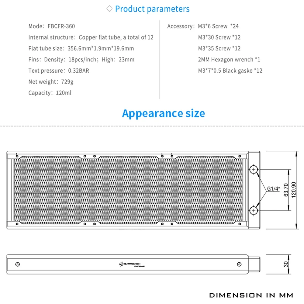 Imagem -06 - Barrow-radiador de Água Refrigerador 360 Espessura Dissipador de Refrigeração de Água de Cobre Dissipação de Calor de Hidrorefrigeração 30 mm