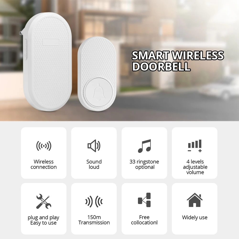 KERUI Smart Wireless Door Bell 150M Long Transmission Distance Doorbell with 33 Ringtones Chime Button with Battery M558