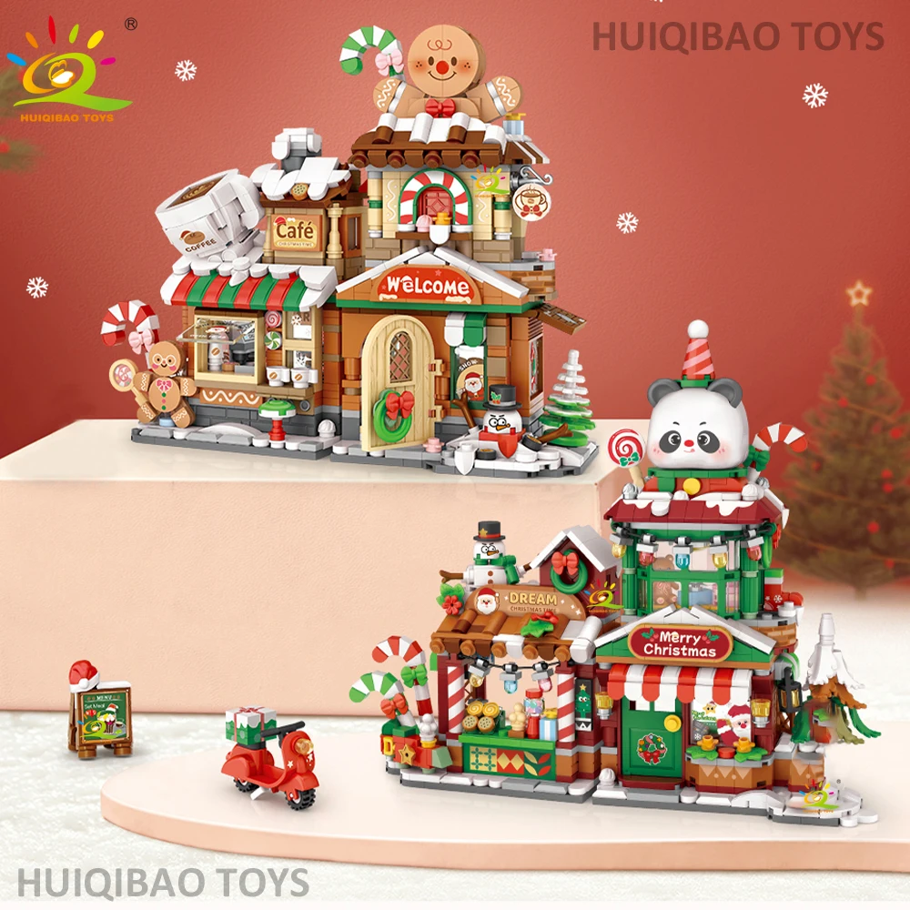 HUIQIBAO Christmas Tree Panda Snowman Shop Model Building Block DIY Gingerbread Cafe Bricks Ornament Toys Adult Santa Claus Gift