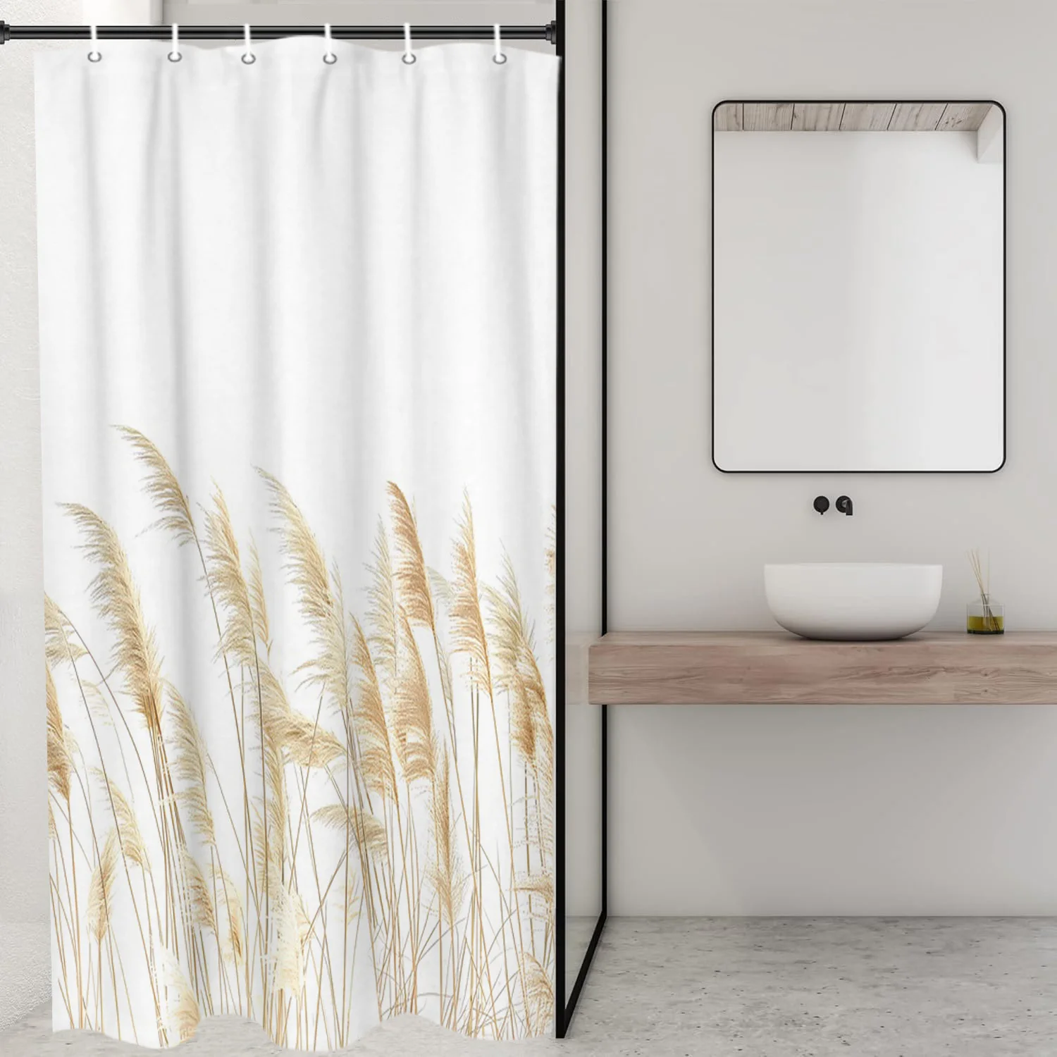 

Золотая занавеска для душа с пампасной травой, белый фон, натуральный дизайн, водонепроницаемая занавеска для ванной, декор для ванной комнаты в стиле бохо, аксессуар для дома