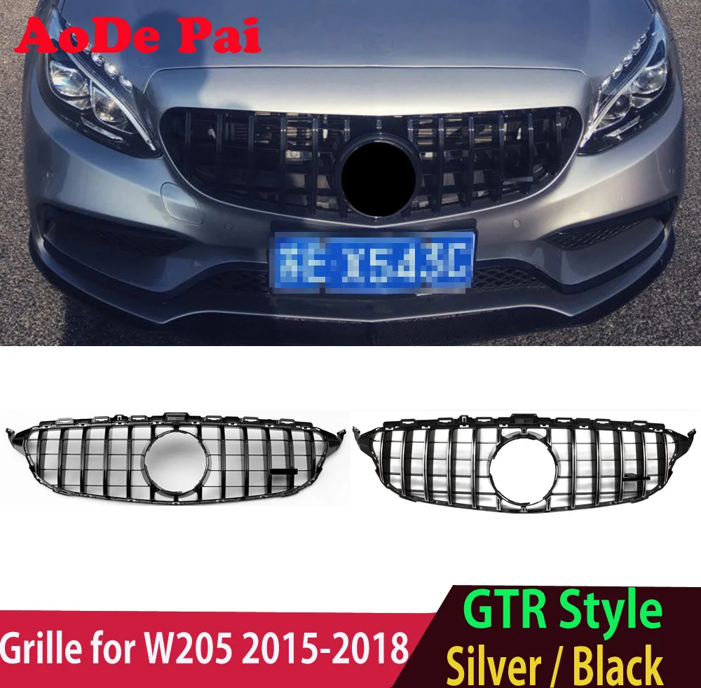 Black GT Front Bumper Grille Mesh Hood for Mercedes C Class W205 Pre-facelift 2015-2019  C43 C180 C200 C300 Without Camera