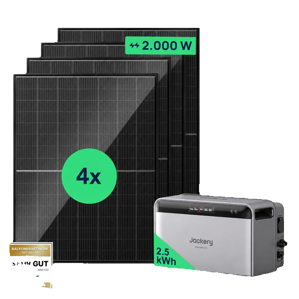 Jackery SolarVault 3 Pro Balkonkraftwerk mit Speicher 2520Wh, 4x500W Bifazial Full Black Solarmodule, Erweiterbarer Solarspeicher mit Notstromfunktion, 4000W PV-Eingang, Photovoltaik Solaranlage für