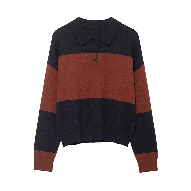 

Women's knitted Sweater Autumn Winter Fashion Striped Polo Collar Long Sleeves Pullover Vintage Female Chic Tops