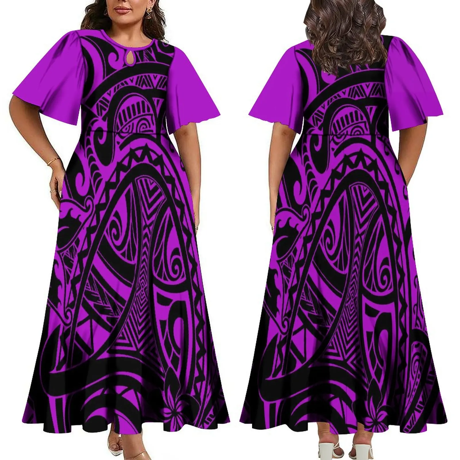 2024 Pacific Island Art atmungsaktiv o Kragen langes Kleid großes 6xl aus geschnittenes Trompetenärmel-Party kleid