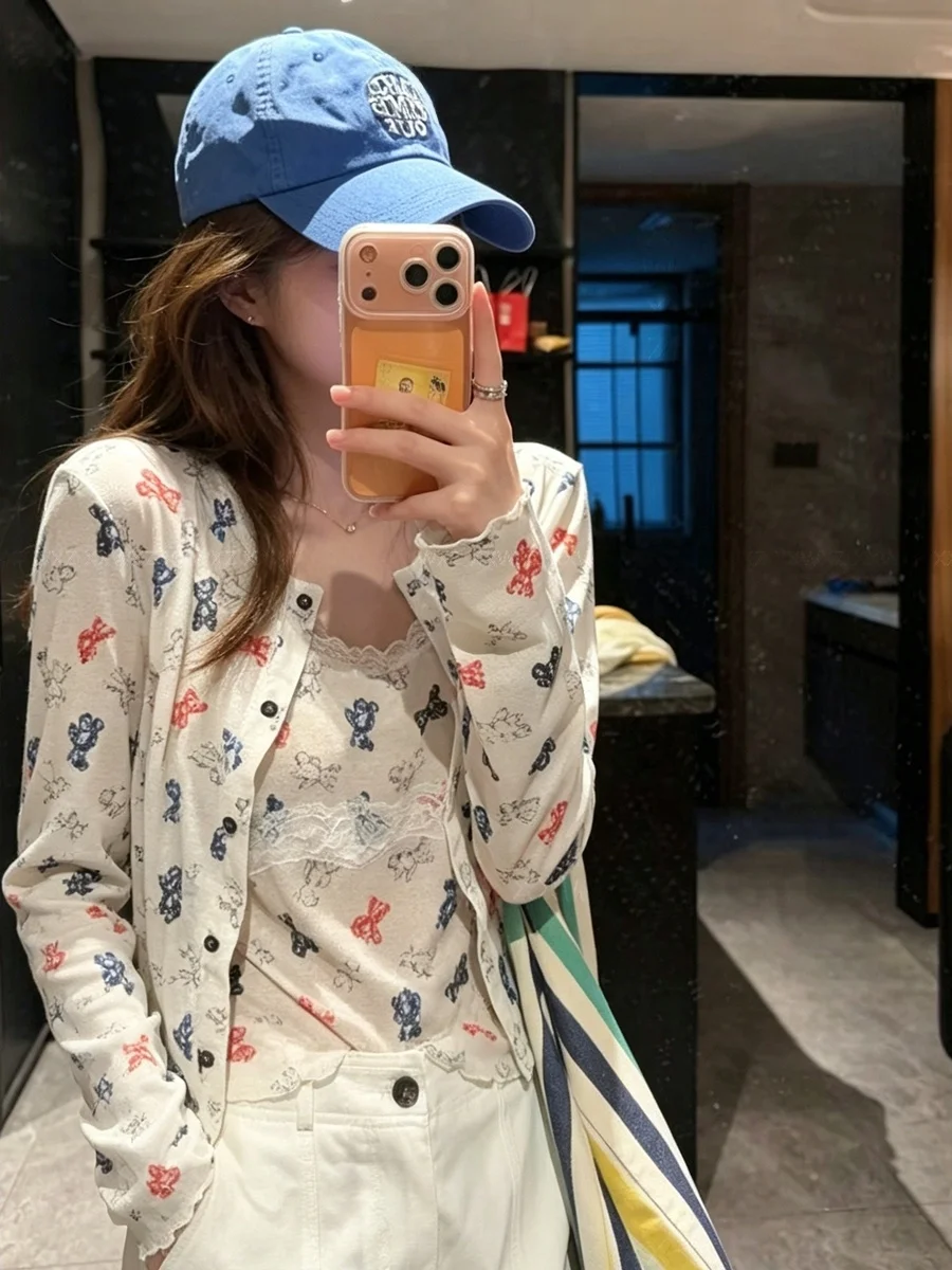 plus Size Summer Fashion Set with Contrast Color Print Bear Design Slimming Strap Cardigan Two-Piece Women's Clothing