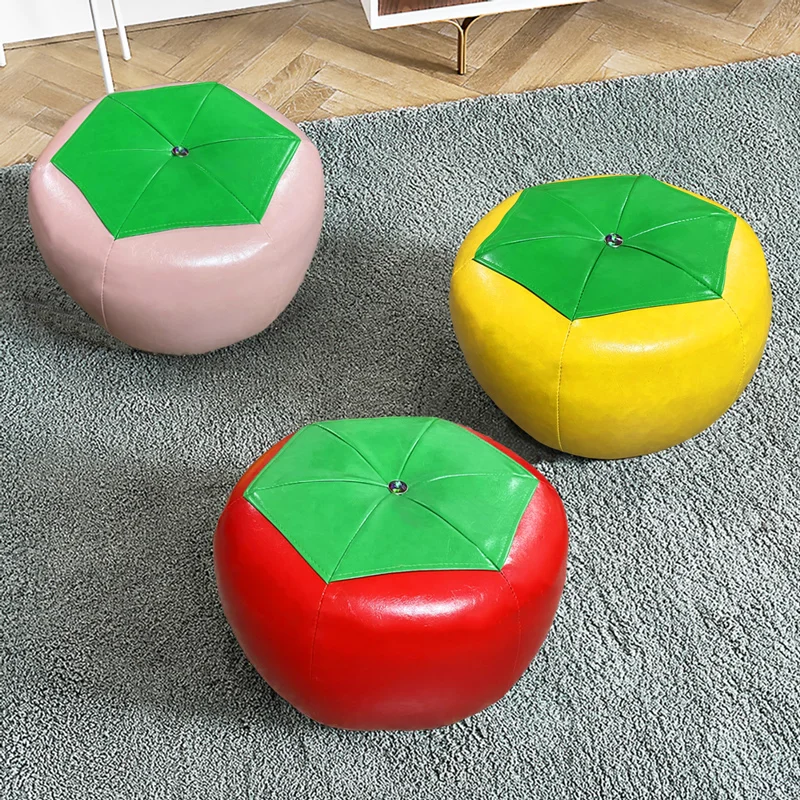 Round Stool Simple Basketball Shape Small PU Leather Sofa Ottomans Solid Wood Living Room Household Low Shoe Changing Stools