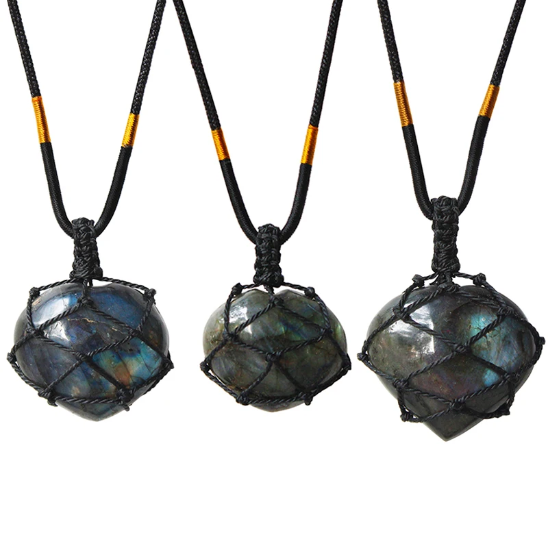 Irregular Heart Shape Labradorite Healing Crystal Necklace for Women Men Handmade Wrap Braid Pendant with 26‘’ Adjustable Chain