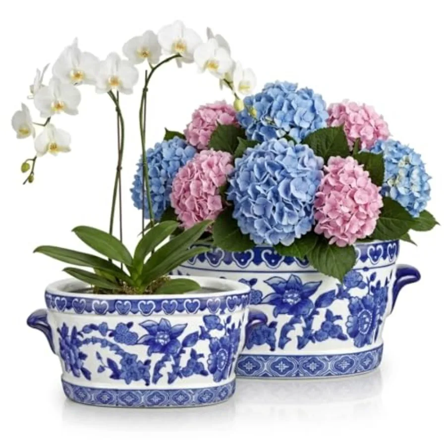 Blue and White Ceramic Planter Pot Vintage Floral Oval Cachepot Vase for Indoor Plants, Flowers Succulents Glazed Chinese Porce