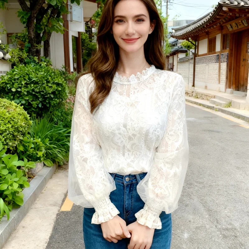 2025 moda autunno maglia pizzo bianco camicetta da donna ufficio signora manica lunga camicie eleganti primavera o-collo top casual