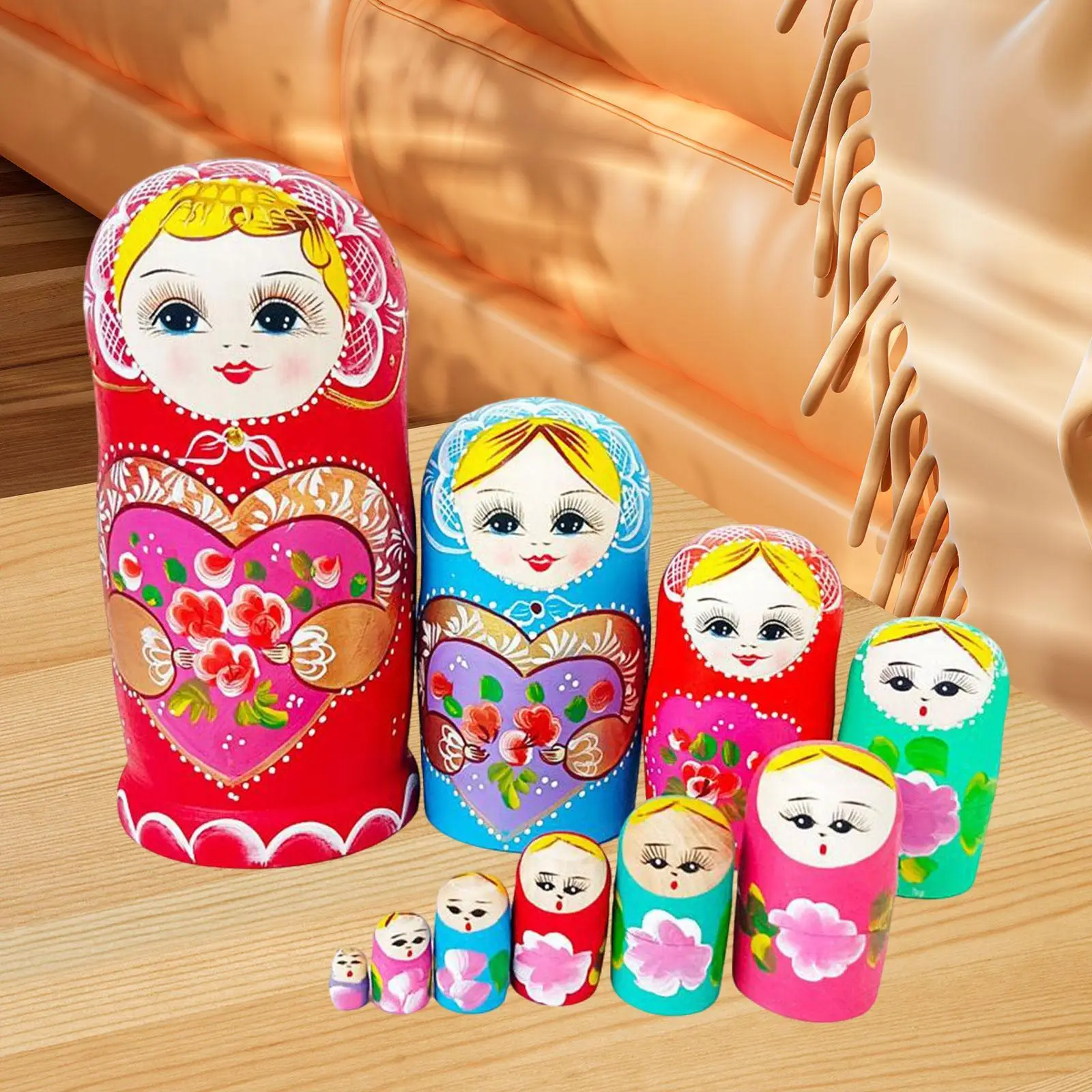 

10x Nesting Doll Toys Handpainted Wooden Dolls Crafts Christmas Toys Lovely Matryoshka Wooden Stacking Toys for Children Kids