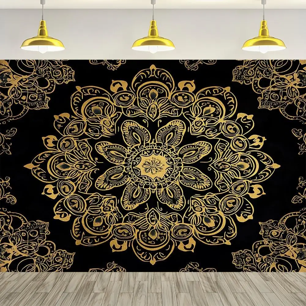 1pc Luxurious Bohemian Golden Mando Wall Tapestry - Black & Golden Mandala Design with Intricate Symmetrical Patterns, 100% Poly