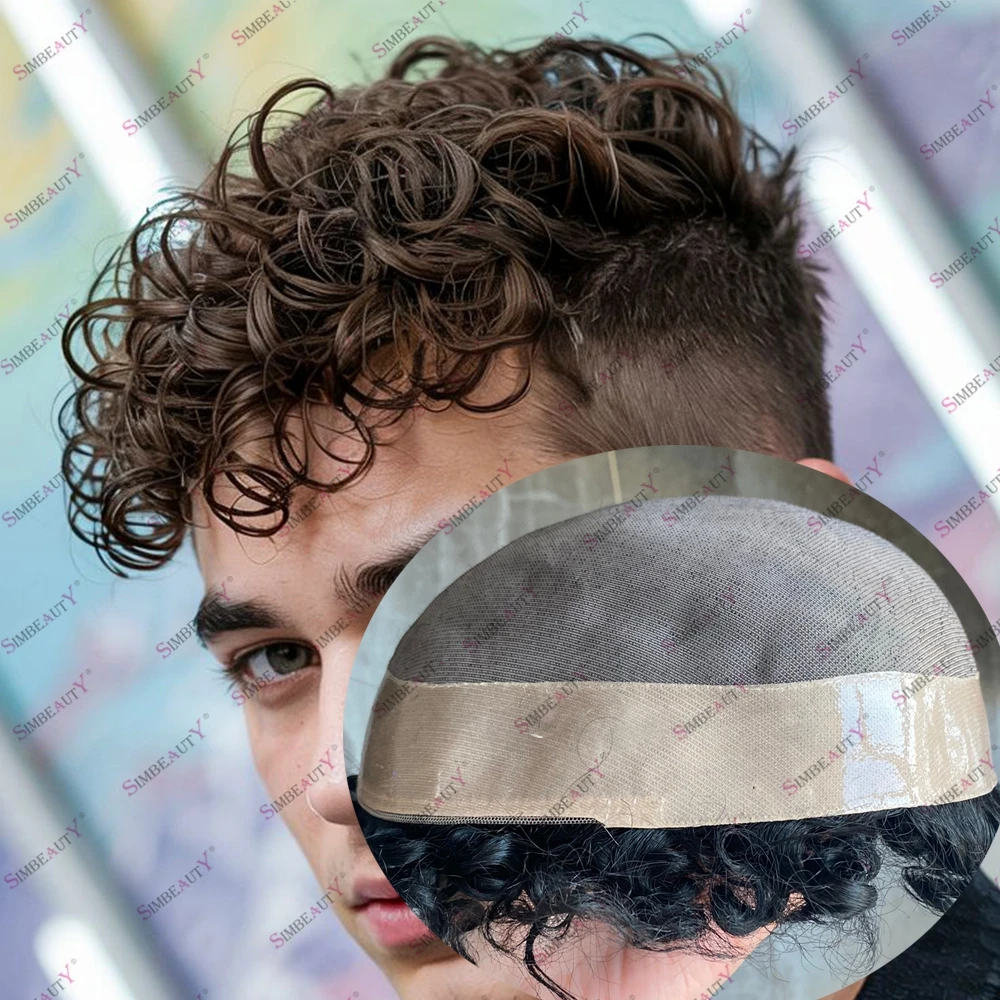 خط الشعر الطبيعي شعر الإنسان بني فاتح أسود اللون مجعد الشعر الشعرية الاصطناعية الشعر المستعار للرجال حل تساقط الشعر غير جراحية #1