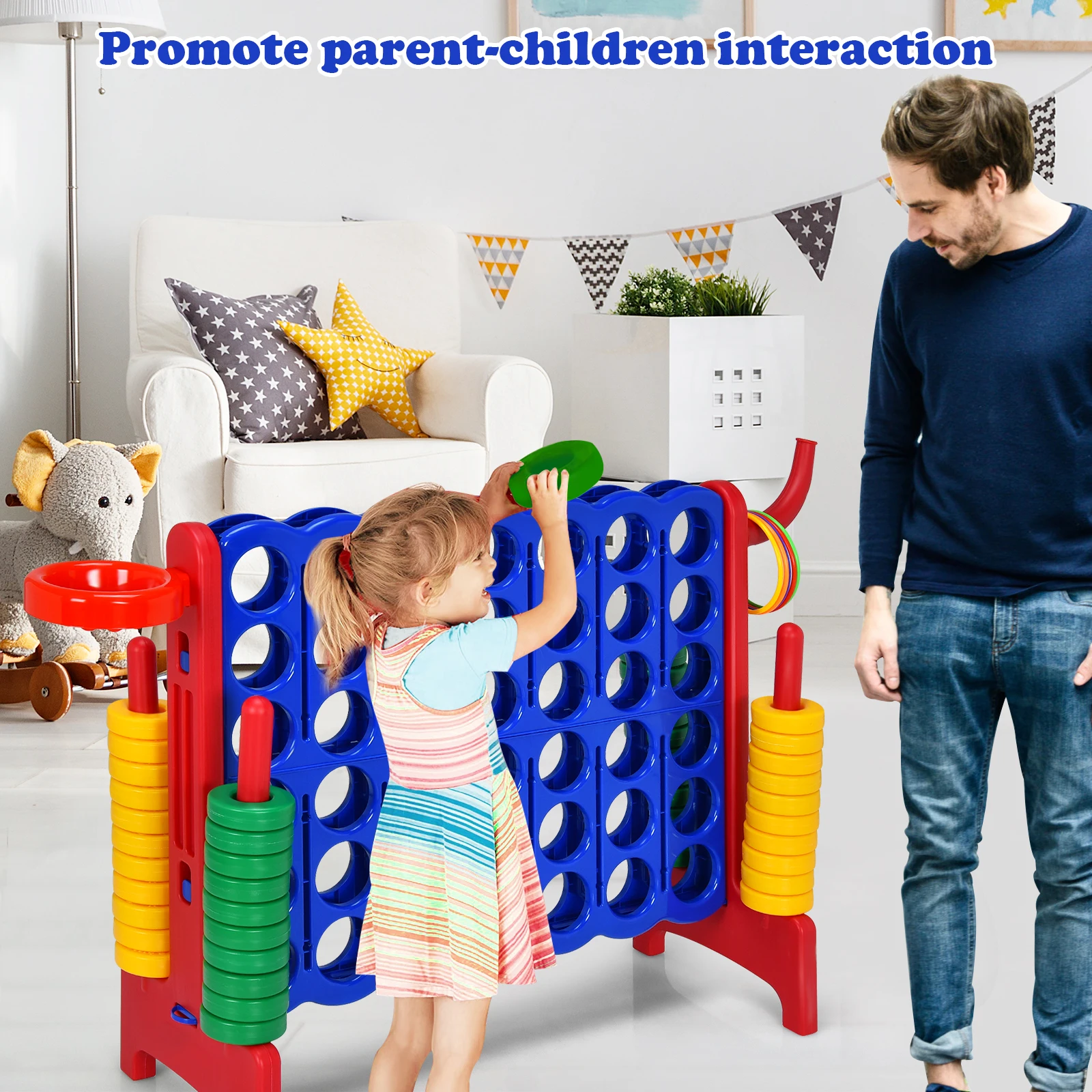 DORTALA Giant 4 in a Row Game Jumbo Connect 4 Garden Games w/42 Rings Basketball Hoop Orange/Blue/White/Red/Grey/Green