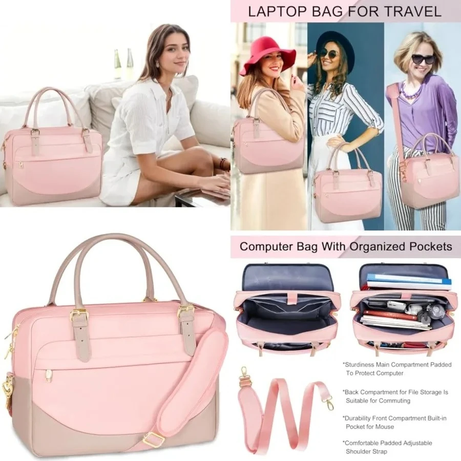 

17 Inch Laptop Bag, Large Waterproof Laptop Carrying Case with Adjustable Handle, Cute Pink Briefcase Shoulder Messenger Bag Professional Work Computer Bag for Women Office College Travel, Pink
