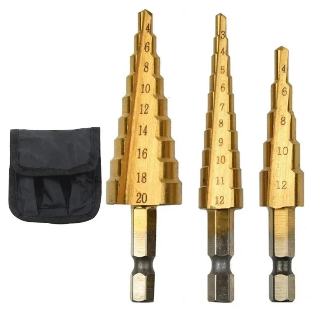 

3Piece Drill Titanium Plated Hexagonal Shank Straight Groove 3-12 4-12 4-20mm Pagoda Drill Drilling Tool Step Drill Bit DIY Tool