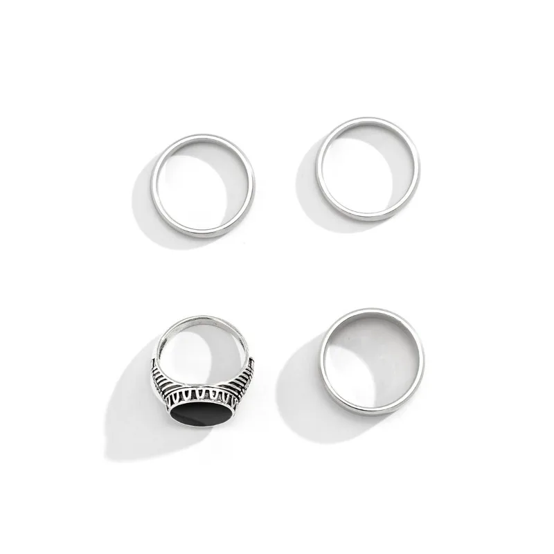 4Pcs Retro Simple Stainless Steel Opening Adjustable Wide Ring Men\'s Gothic Pattern Metal Ring Casual Jewelry