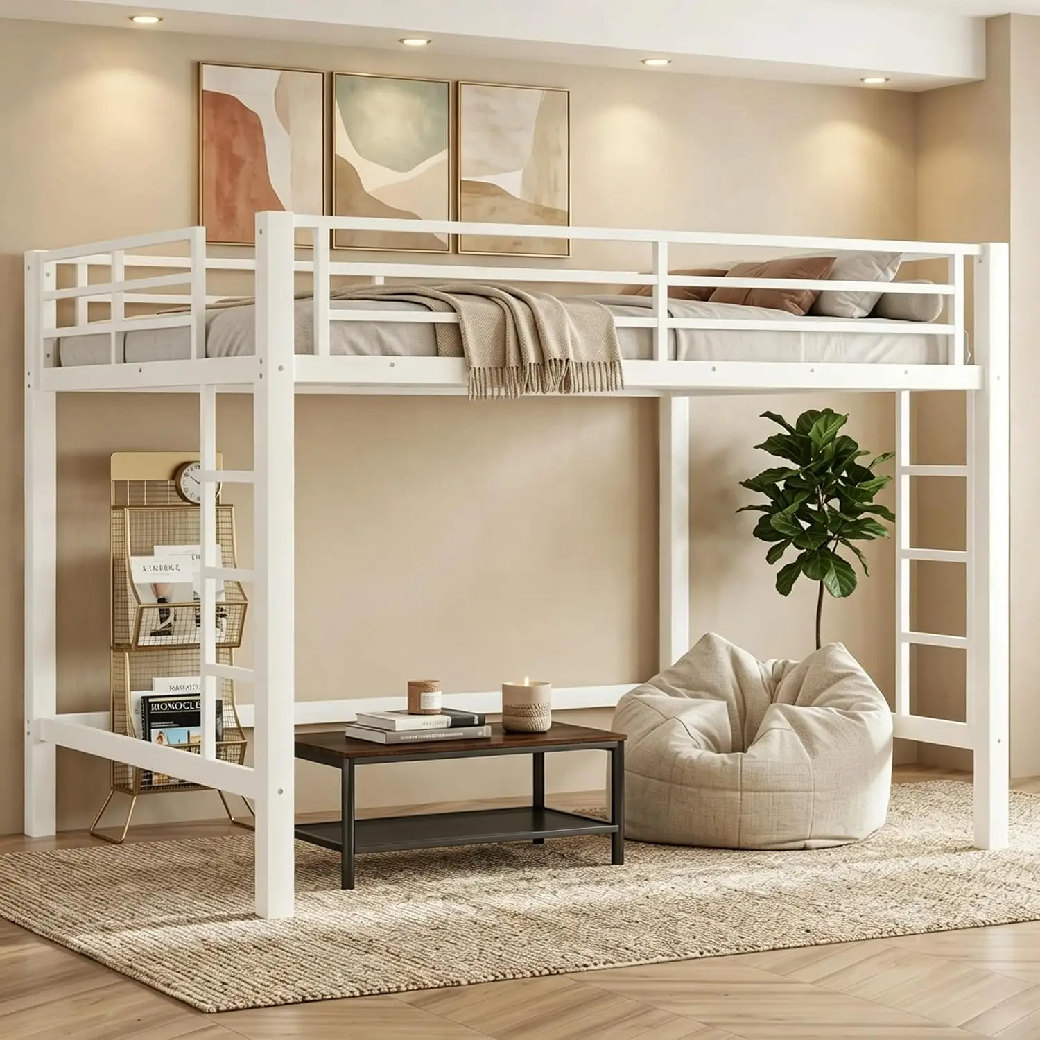 Queen Size Metal Loft Bed, Loft Bed with Easy Climbing Ladder and Guardrails, White, Customized