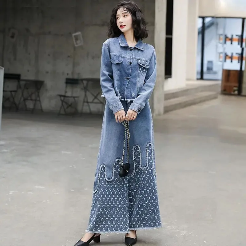 New Women's Trousers Suit Autumn Denim Jacket Cowboy Wide Leg Pants Two-Piece Set Retro Female Loose Casual Denim Suits Printing