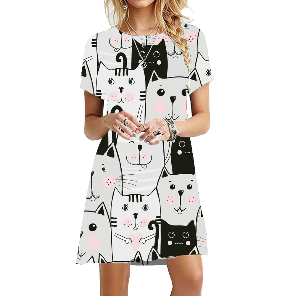 2023 Nieuwe Fashion Grappige Leuke Schilderen Katten Jurk Vrouwen Kawaii Korte Mouw Casual Jurk Oversized Zomer Dames Losse Kleding
