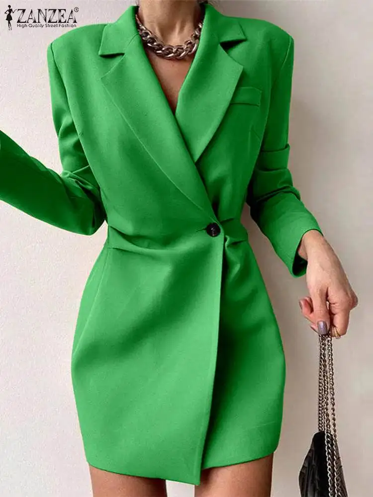 ZANZEA Women 2023 Autumn Solid Long Sleeve Blazer Dress Formal Office=Button Vestidos Elegant Mini Dress Casual Suit Collar Robe