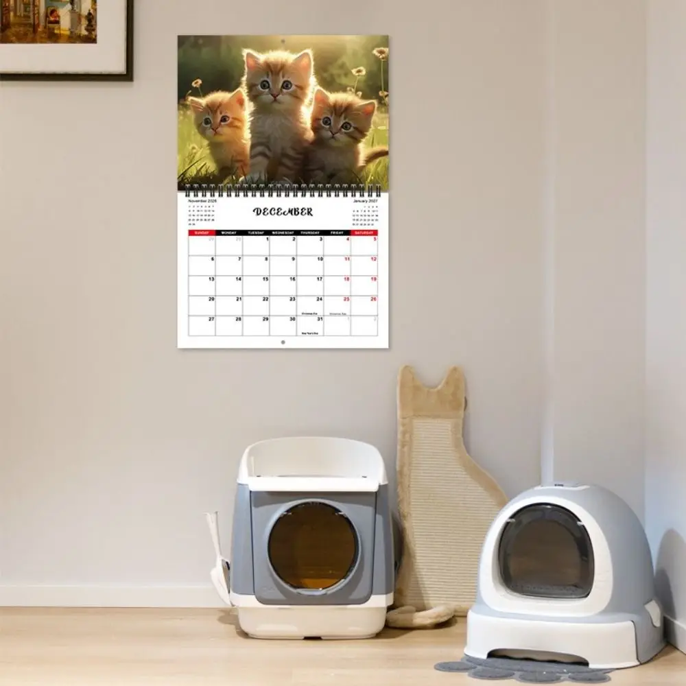 Two Cats Design 2026 Calendar Hanging Loop Durable Construction Kitten Wall Calendar Full-Year Planning Desktop Decoration