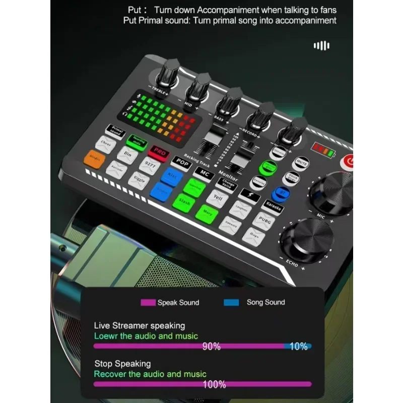 F998 Live geluidskaart en audio-interface met DJ Mixer-effecten en stemwisselaar, Bluetooth Stereo Audio Mixer, voor YouTube Stream