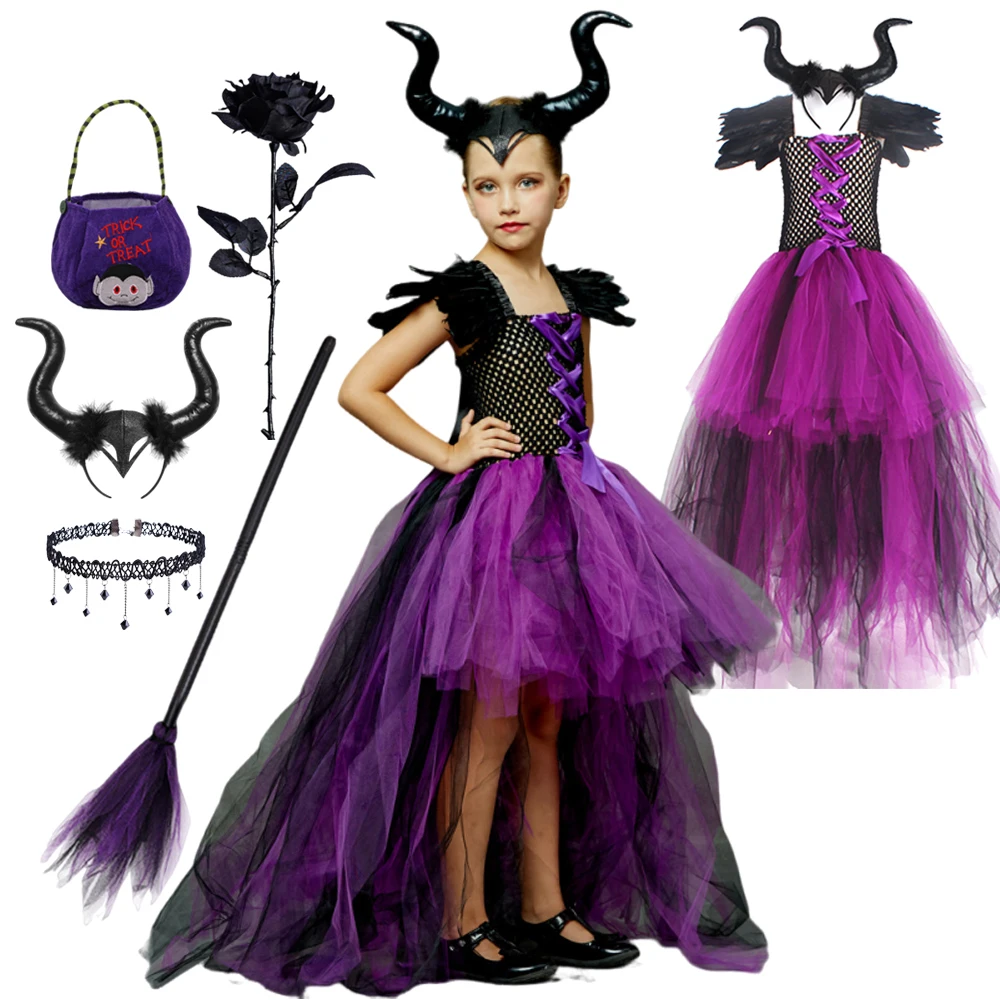 

2025 Girl Maleficent Dark Queen Dress Witch Costume Deluxe Black Glam Party Kids Cosplay Clothes Halloween Outfit