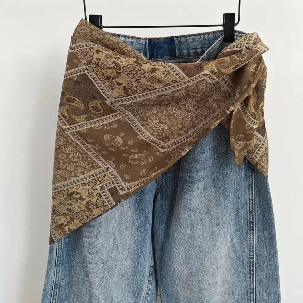 

Имитация шелкового платка для женщин, этнический принт, Y2K, уличный стиль, треугольный платок-пояс, с цветочным узором, рюшами, для украшения джинсов и юбок