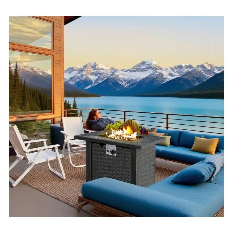 

Квадратный уличный пропановый стол для костра с автоматическим зажиганием и плетеным эффектом, керамическая столешница, идеально подходит для патио и улицы
