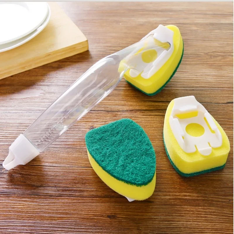 Replaceable Cleaning Brush with Refill Liquid Handle Scouring Pad Sponge Brush Dispenser Dish Scrubber Home Washing Tool