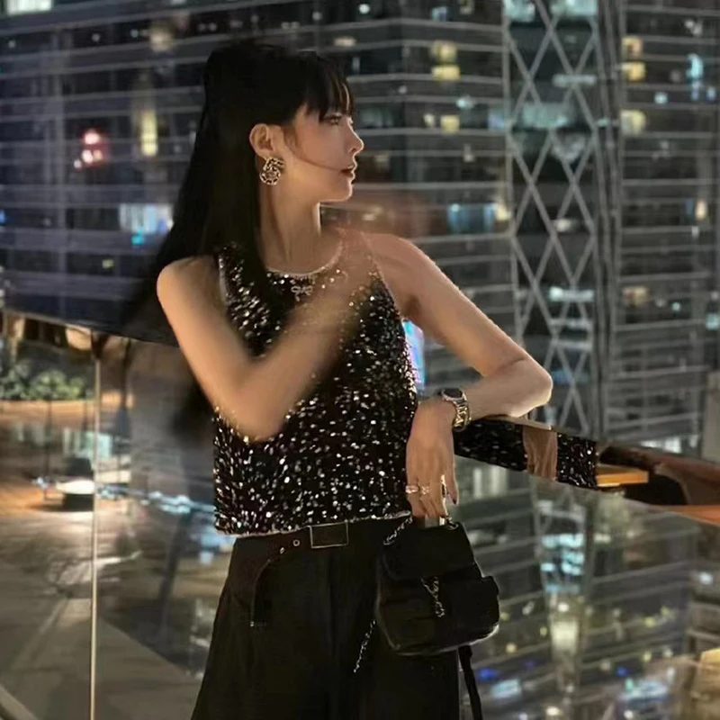 Kamizelka damska 2023 nowa letnia bawełniana koszulka bez rękawów błyszczące kryształowe koraliki czarny Top Sexy Slim Fit kamizelka Top marka z
