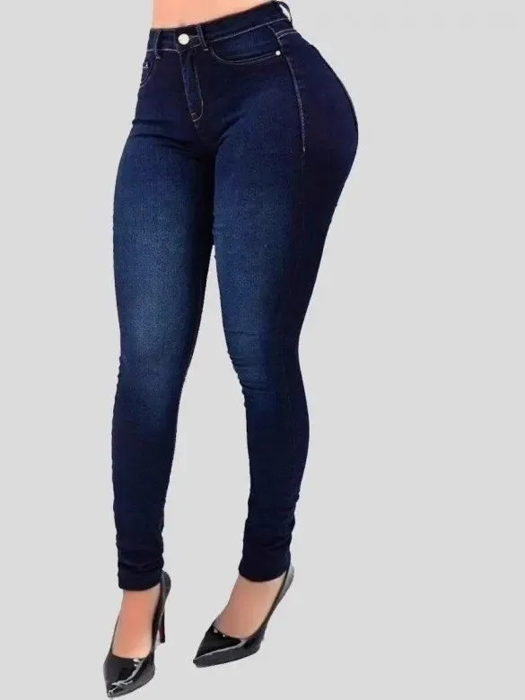 High Waist High Elastic Slim Fit Jeans Small Foot Pants Pure Color Women's Fashion Cross-Border Denim Blue Washed Lady Style - view 5