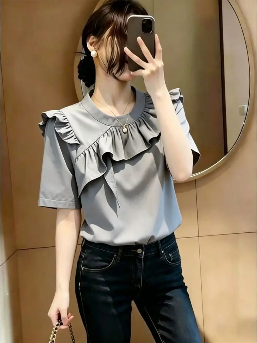 

Elegant round Neck Short Sleeve T-Shirt Women's Summer Style Ageless Gray Lace Trim Casual Loose Fit Overhead Shirt