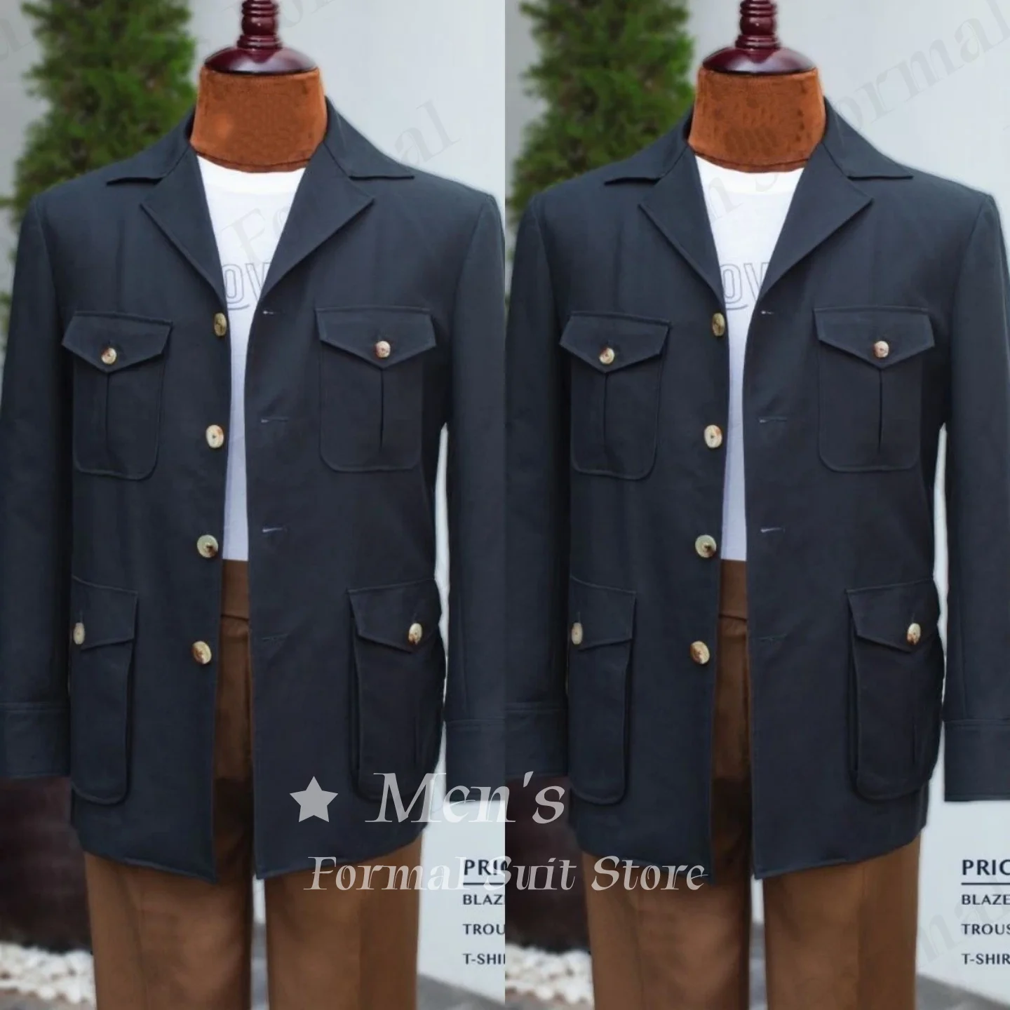 Navy Blue Four Flap Pockets Safari Jacket Men Lapel Collar Single Breasted Casual Blazer Outdoor Daily Only Coat Customized