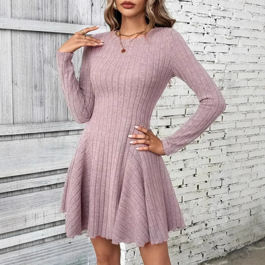 2025 spring Fashion slim purple a-line mini Dress Women Soft O-neck Bodycon Dress long sleeve elastic Knitted wedding Dresses