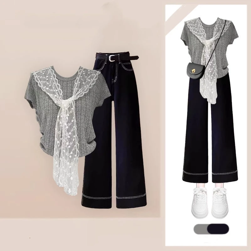 

Женские французские летние изящные кружевные футболки с шалью, широкие джинсовые брюки, комплект из 1 или двух предметов, женские повседневные топы с джокером, джинсовая одежда