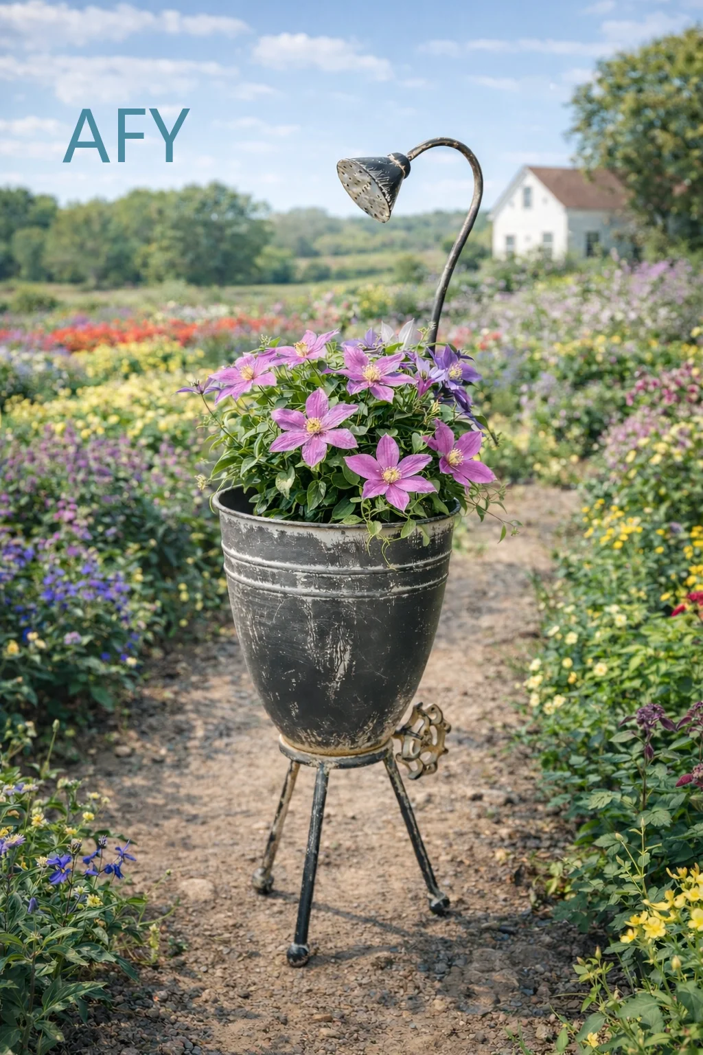 Vintage Iron Faucet Planter with Faux Shower Head for Rustic Distressed Metal Flower Pot 3-Leg Decorative Garden Planter for