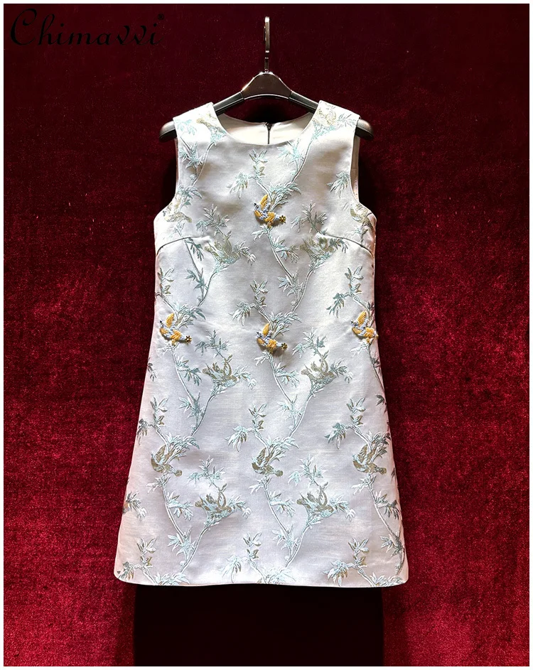 

Retro Chinese Style Jacquard Heavy Beads Sleeveless A- Line Dress Summer Fashion Round Neck Slim Fit Short Elegant Ladies Dress