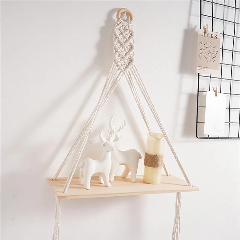 A26F-2PCS Hanging Shelf Boho Handmade Bohemian Wooden Plants Floating Rope Shelves Decorative Holder