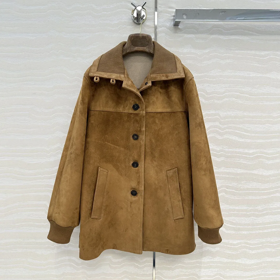 

Top Quality 100% Suede Sheepskin Jacket Women Lapel Long Sleeve Single Breasted Old Money Style Vintage Loose Real Leather Coat