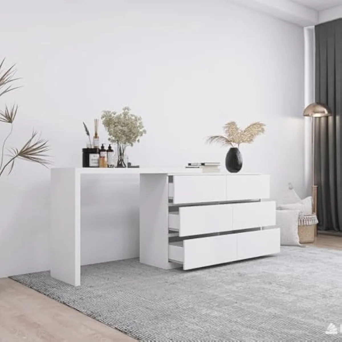 Modern Vanity Desk, White Finish, for Bedroom - Dressing Table with Extended Desk, Makeup Vanity Desk, and Storage 6 Drawers