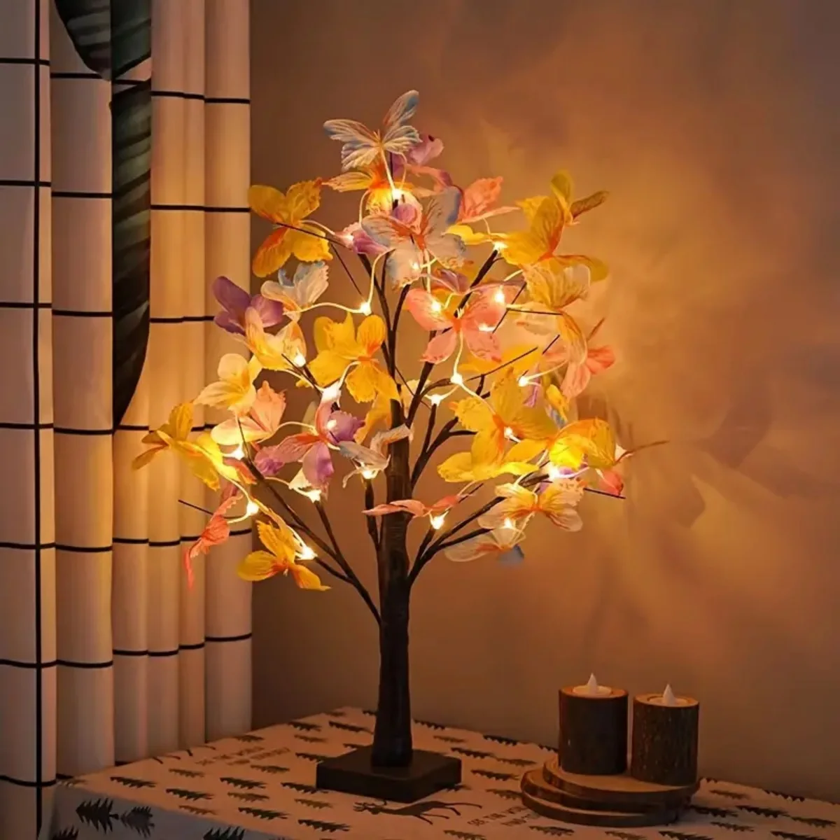 1Pc 23.62inch Colorful Butterfly Artificial Birch Tree Lights With 24 LED Warm Lights Battery&USB Powered Ornaments Desktop Lamp