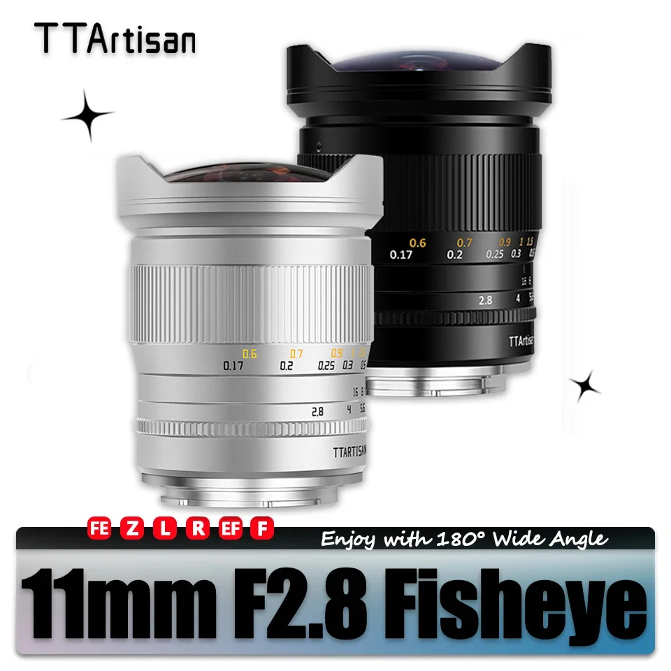 Obiektyw TTArtisan Full Frame 11mm F2.8 Fisheye do aparatów fotograficznych z polem widzenia 180 stopni °   Kąt widzenia do fotografii z mocowaniem Sony E, Nikon Z, F, Canon RF, L